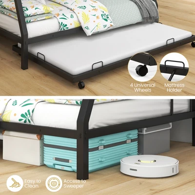 Costway Twin Over Full Metal Bunk Bed With Trundle Slats Support For Teens Adults Black - Image 5