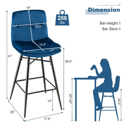 Costway Set Of 2 Velvet Bar Stools Bar Height Kitchen Dining Chairs With Metal Legs Blue/Grey - Image 2