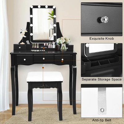 Costway Vanity Dressing Table Set W/Removable Box &10 Dimmable Bulbs Touch Switch - Image 8