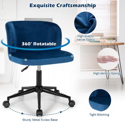 Costway Velvet Home Office Leisure Vanity Chair Armless Adjustable Swivel PinkBlue - Image 4