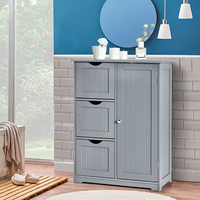 Costway Bathroom Floor Cabinet Side Storage Cabinet With 3 Drawers And 1 Cupboard Grey Black - Image 8