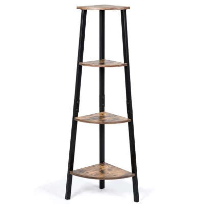 COSTWAY 4-Tier Corner Shelf Metal Storage Rack Bookcase Plant Display Stand Natural - Image 9