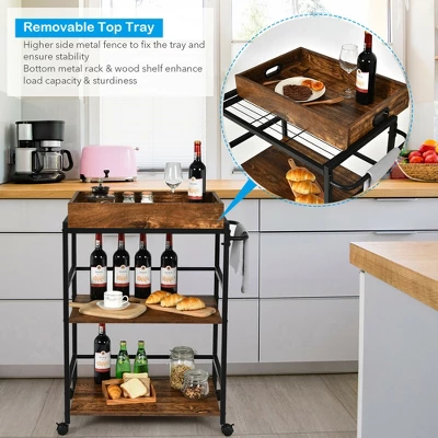 Costway 3-Tier Rolling Bar Cart Kitchen Serving Cart W/ Removable Tray & Handle - Image 6