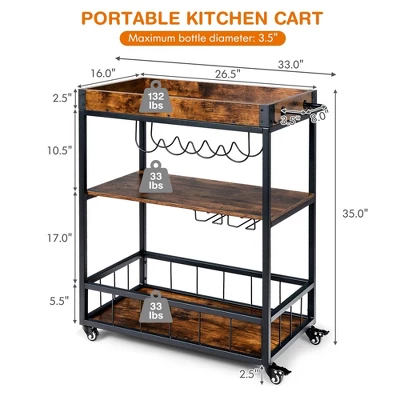 Costway 3-Tier Rolling Kitchen Cart Serving Trolley Wine Rack Removable Tray - Image 3