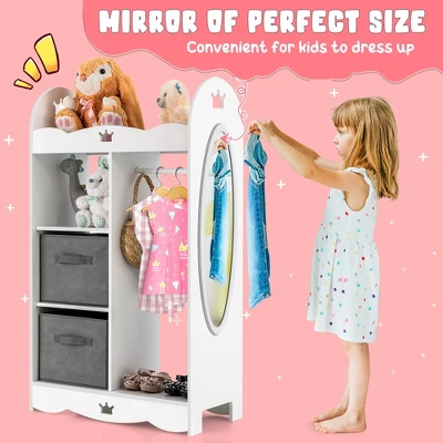 Costway Kids Dress Up Storage Hanging Armoire Dresser Costume Closet W/Mirror & Toy Bins - Image 3