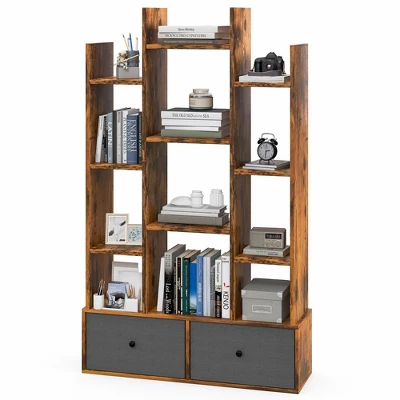 Costway Industrial Bookshelf Rustic Wooden Shelf Organizer With 2 Non-woven Fabric Drawer - Image 9