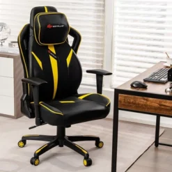 Costway Gaming Chair 360° Swivel Computer Reclining Height Adjustable 2D Armrest Yellow