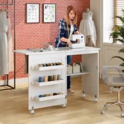 Costway White Folding Sewing Craft Table With Storage Shelves Cabinet Lockable Wheels