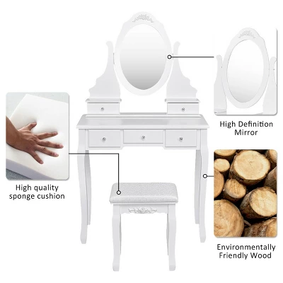 Costway Bedroom Wooden Mirrored Makeup Vanity Set Stool Table Set White 5 Drawers - Image 7
