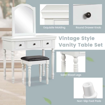 Costway Vanity Table Set Makeup Desk Cushioned Stool 3 Drawer Large Mirror White/Walnut - Image 7