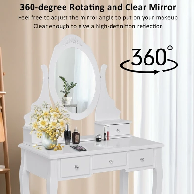 Costway Bedroom Wooden Mirrored Makeup Vanity Set Stool Table Set White 5 Drawers - Image 5