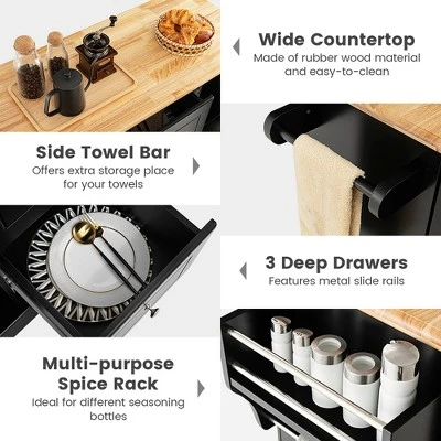 Costway Kitchen Island On Wheels Rolling Utility Cart Drawers Cabinets Spice Rack Black/White - Image 8