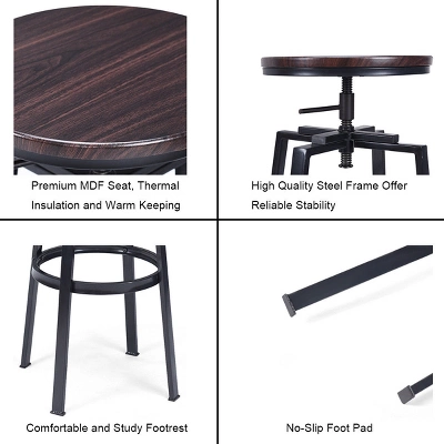 Costway Set Of 2 Vintage Bar Stool Adjustable Wood Metal Design Pub Chairs Industrial Backless - Image 8