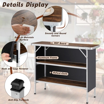 Costway Folding Camping Table Aluminum Portable Picnic Table With 2-Tier Shelves BlackCoffee - Image 8