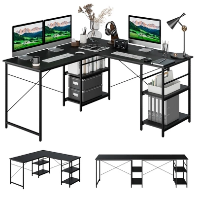 Costway 95'' Convertible L-shaped Corner Computer Desk 2-Person Long Desk Shelves Rustic/Black/Grey/Natural - Image 11