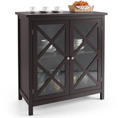 Costway Kitchen Buffet Sideboard Storage Cabinet W/Glass Doors & Adjustable Shelf WhiteBrown - Image 10