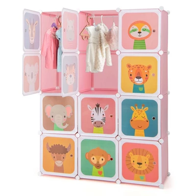 Costway 12-Cube Kids Wardrobe Baby Dresser Bedroom Armoire Clothes Hanging Closet With Door Blue/Pink - Image 11