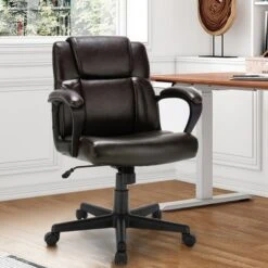Costway Executive Leather Office Chair Adjustable Computer Desk Chair W/ Armrest