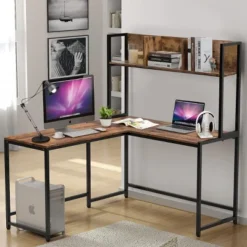 Costway Industrial L-Shaped Desk W/Hutch Bookshelf 55'' Corner Computer Desk Gaming Table