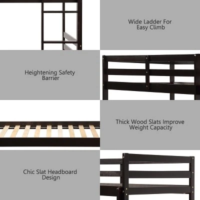 Costway Twin Over Twin Wood Bunk Beds Ladder Safety Rail EspressoWhite - Image 6