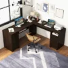Costway L-Shaped Corner Computer Desk Writing Table Study Workstation W/ Drawers Coffee