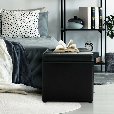 Costway 16''Cube Ottoman Pouffe Storage Box Lounge Seat Footstools With Hinge Top Black - Image 3