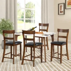 Costway Set Of 4 Barstools Counter Height Chairs W/Leather Seat & Rubber Wood Legs