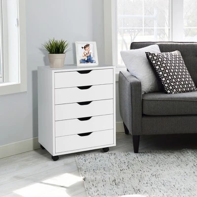 Costway 5 Drawer Chest Storage Dresser Floor Cabinet Organizer With Wheels White - Image 7