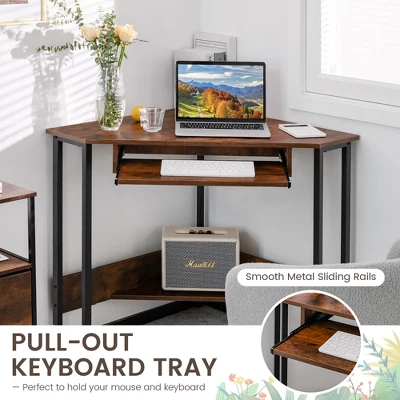 Costway Triangle Corner Computer Desk Small Space Study Desk Home Office W/Keyboard Tray - Image 7