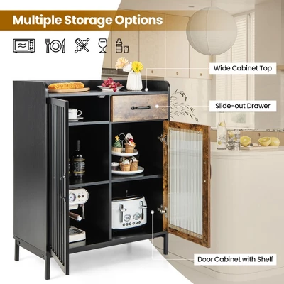 Costway Kitchen Sideboard Buffet Bar Cabinet Accent Cupboard With Metal Glass Door & Drawer - Image 5