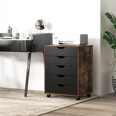 Costway 5 Drawer Chest Storage Dresser Floor Cabinet Organizer With Wheels Rustic Brown - Image 2