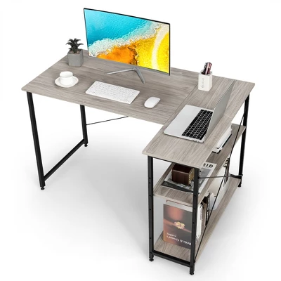 Costway 48'' Reversible L Shaped Computer Desk Home Office Table Adjustable Shelf BrownGrayNatural - Image 9