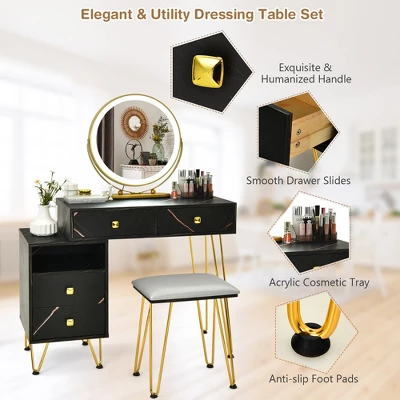 Costway Vanity Table Stool Set Dimmer LED Mirror Large Storage Cabinet Drawer Walnut BlackBrownWhite - Image 7