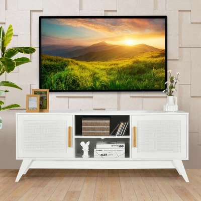 Costway TV Stand Entertainment Media Console W/ 2 Rattan Cabinets & Open Shelves - Image 2