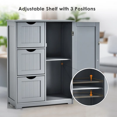 Costway Bathroom Floor Cabinet Side Storage Cabinet With 3 Drawers And 1 Cupboard Grey Black - Image 4
