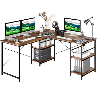 Costway 95'' Convertible L-shaped Corner Computer Desk 2-Person Long Desk Shelves Rustic/Black/Grey/Natural - Image 9