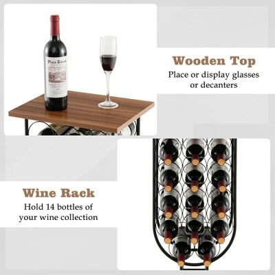 Costway 14 Bottles Wine Rack Console Table Freestanding Wine Storage With Woodtop & Wheels - Image 8