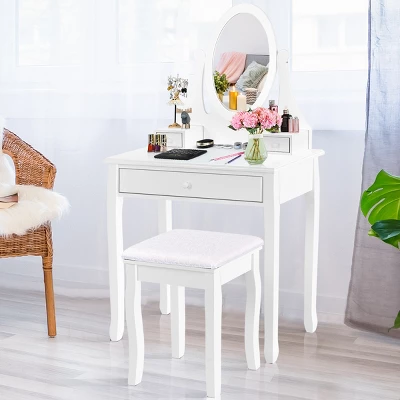 Costway Wooden Vanity Makeup Dressing Table Stool Set Bathroom White - Image 7