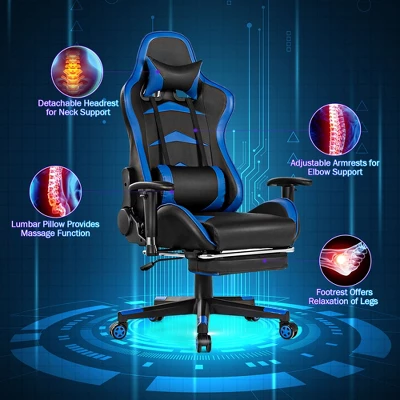 Costway Gaming Desk&Massage Gaming Chair Set W/ Footrest Monitor Shelf Power Strip Blue - Image 7