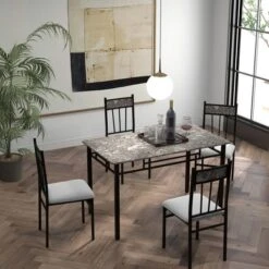 Costway 5 Piece Dining Set Faux Marble Top Table 30'' And 4 Padded Seat Chairs W/ Metal Legs