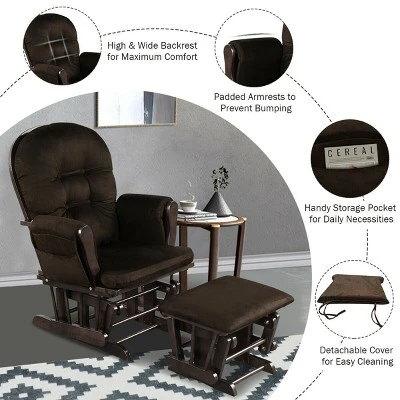 Costway Glider And Ottoman Cushion Set Wood Baby Nursery Rocking Chair Brown - Image 7