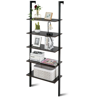 Costway 5-Tier Ladder Shelf Wood Wall Mounted Bookshelf W/Metal Frame Display Shelf