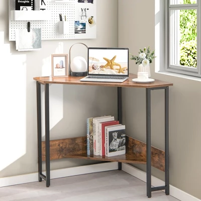 Costway Triangle Computer Desk Corner Desk Home Office With Power Outlets USB Ports Black/Rustic - Image 2