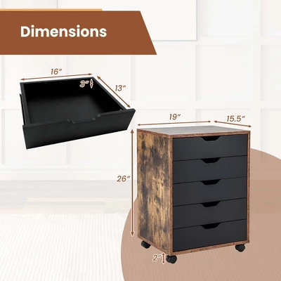 Costway 5 Drawer Chest Storage Dresser Floor Cabinet Organizer With Wheels Rustic Brown - Image 3