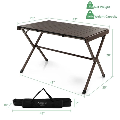 Costway 4-6 Person Portable Aluminum Camping Table Lightweight Roll Up Table Grey/Brown - Image 3