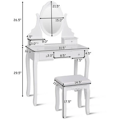 Costway Bedroom Wooden Mirrored Makeup Vanity Set Stool Table Set White 5 Drawers - Image 9